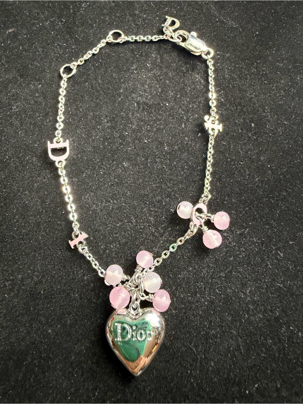 Vintage Christian Dior Silver Pink Bead Heart Charm Bracelet 6.5-8” Y2K